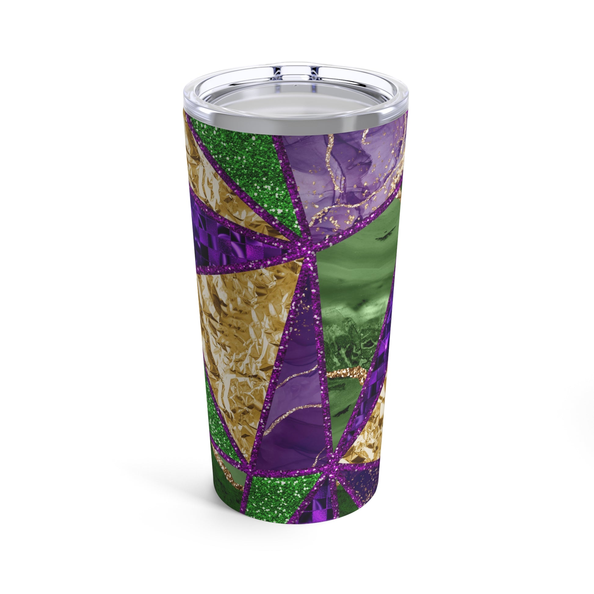 geometric print mardi gras themed wine tumbler