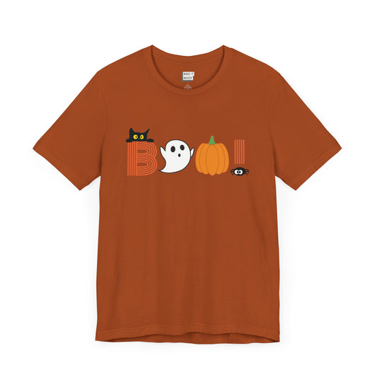 Autumn-colored "BOO!" Halloween Tee featuring a black cat, ghost, pumpkin, and eye as part of the design.