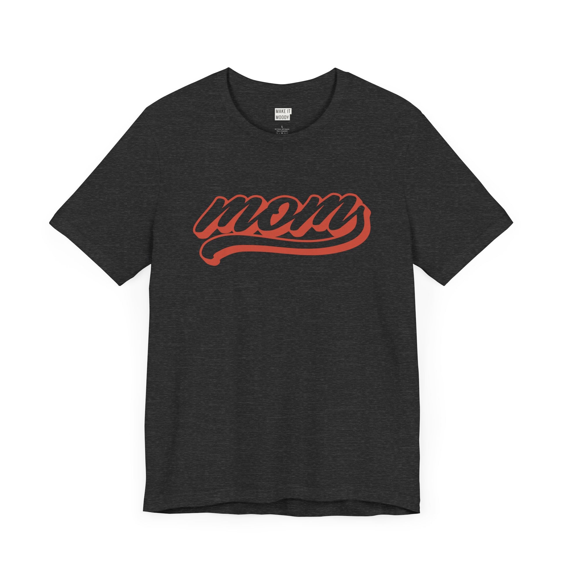 Dark heather gray baseball style Mom Tee with the word MOM written in red cursive text.