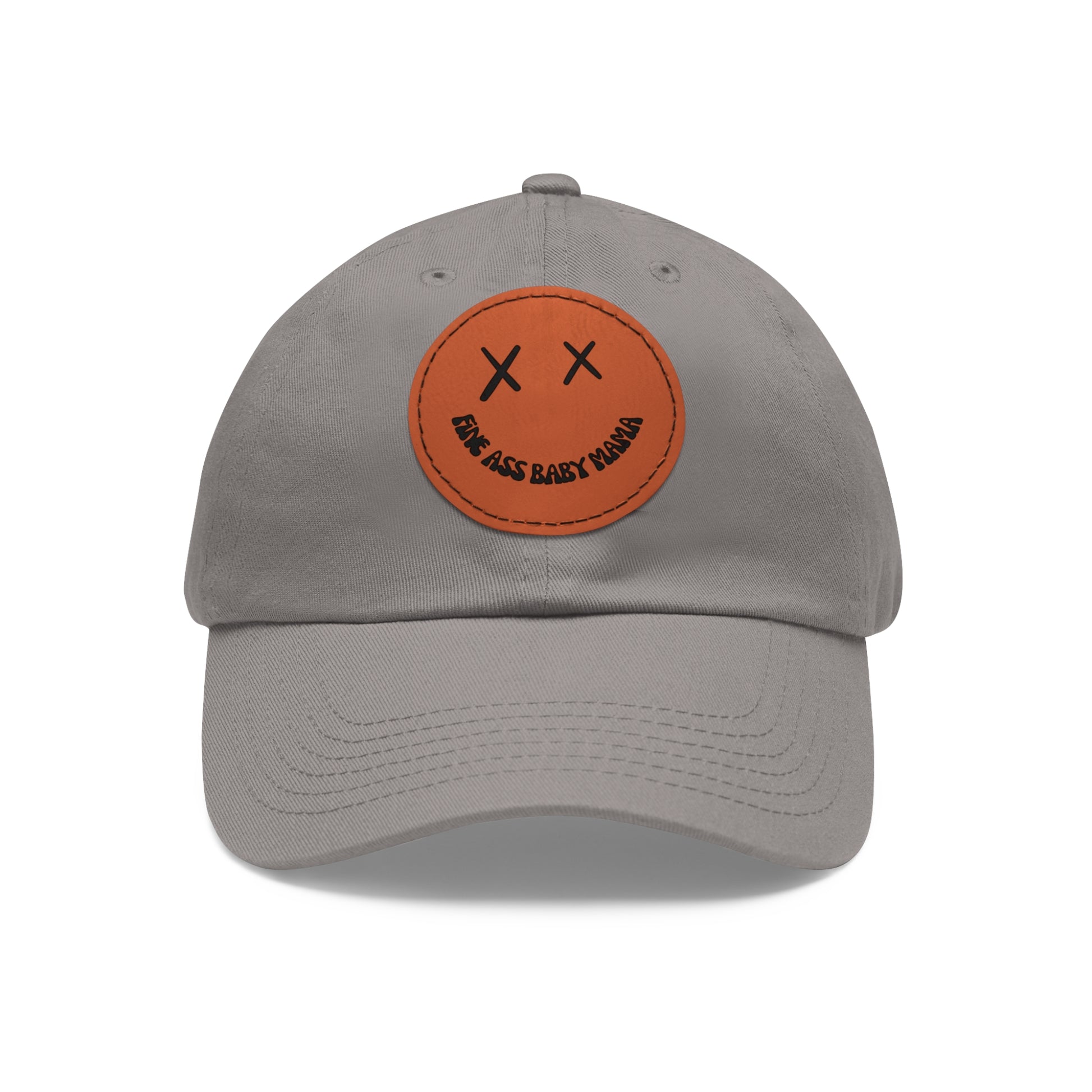 Grey baseball cap with an orange patch featuring a smiling face and "Fine Ass Baby Mama" text.