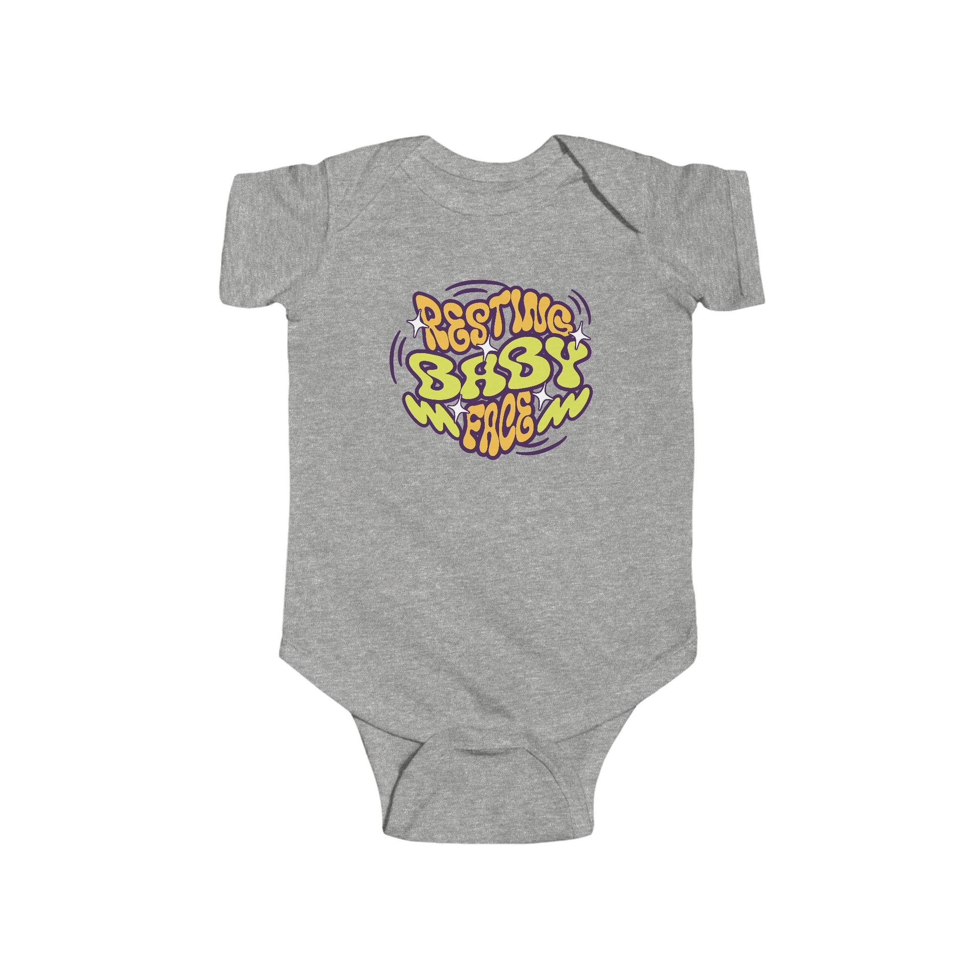 heather grey infant bodysuit that with a wavy retro graphic on the front that says RESTING BABY FACE