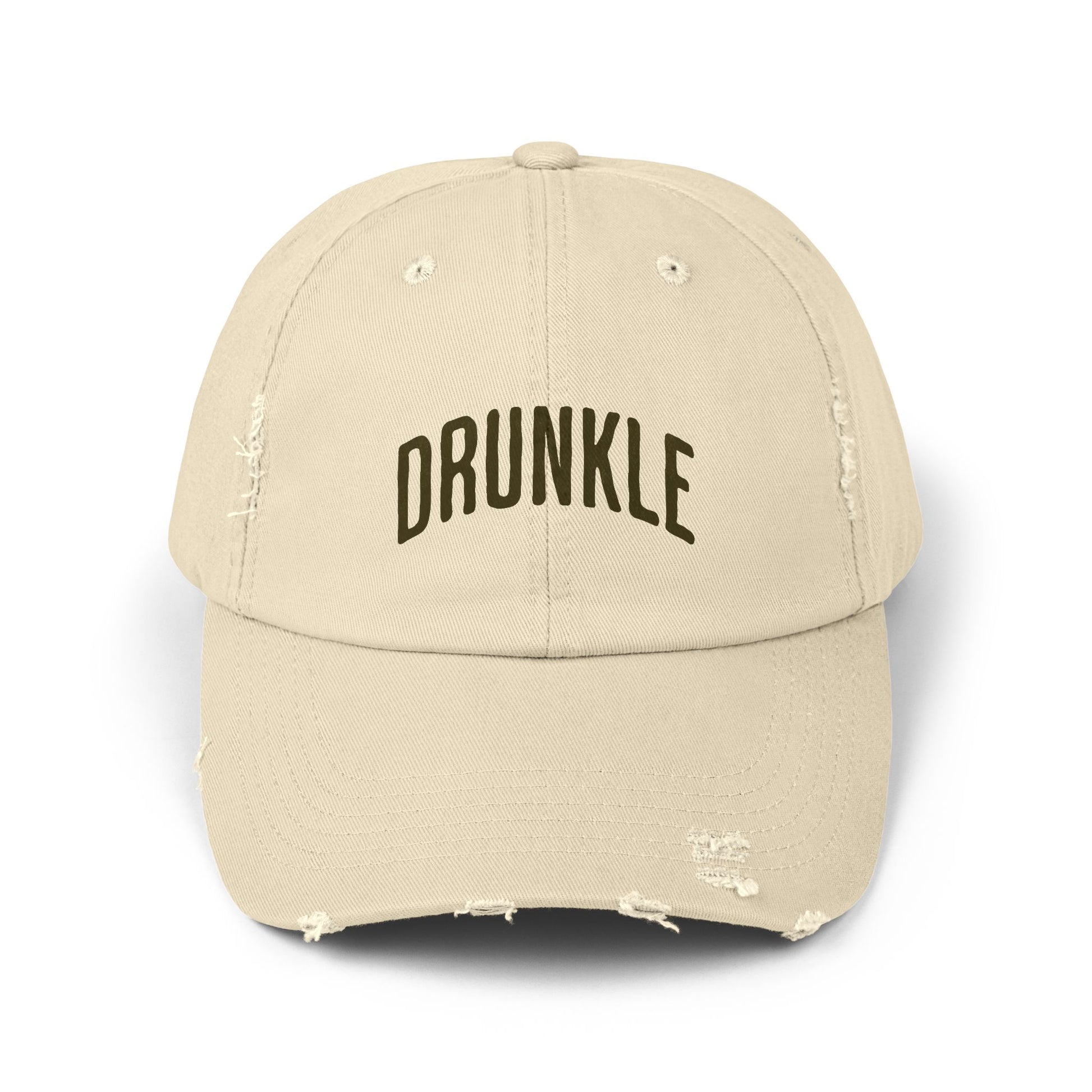 Stone colored hat that says DRUNKLE on the front in arched lettering.