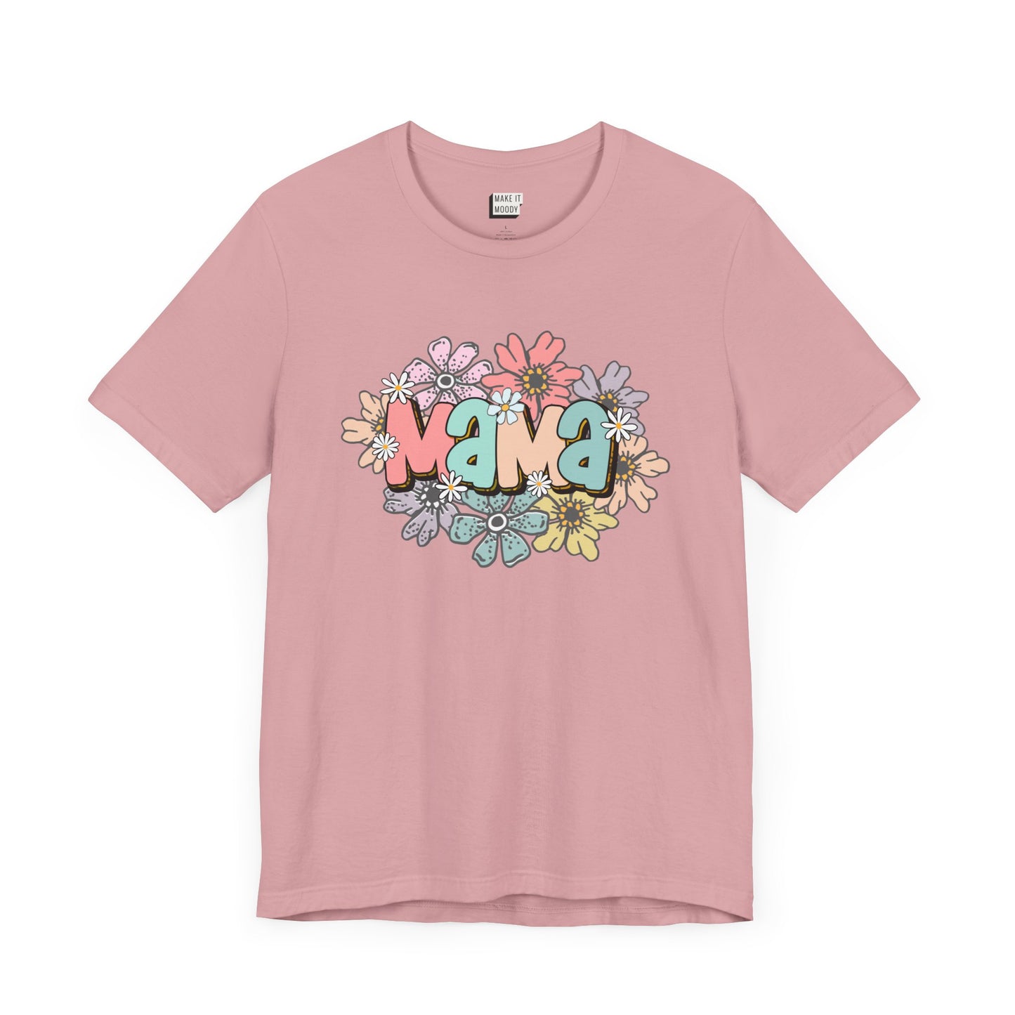 Orchid pink mom t-shirt adorned with the word Mama in colorful letters, surrounded by pastel flowers.