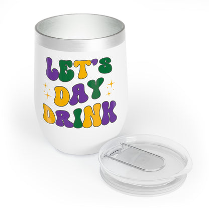 mardi gras themed wine tumbler that says "let's day drink"