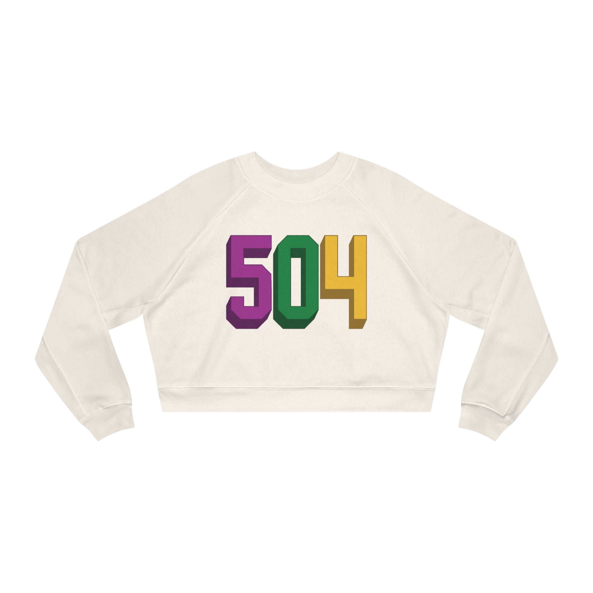 White women's cropped fleece pullover featuring the New Orleans area code 504 in large bold purple, green, and gold font on the front. 