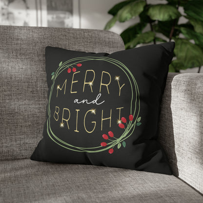 "Merry & Bright" Christmas Pillow Cover, Black