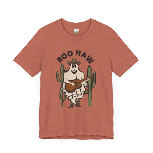 retro halloween t-shirt that says boo haw with a graphic of a cowboy ghost playing the guitar