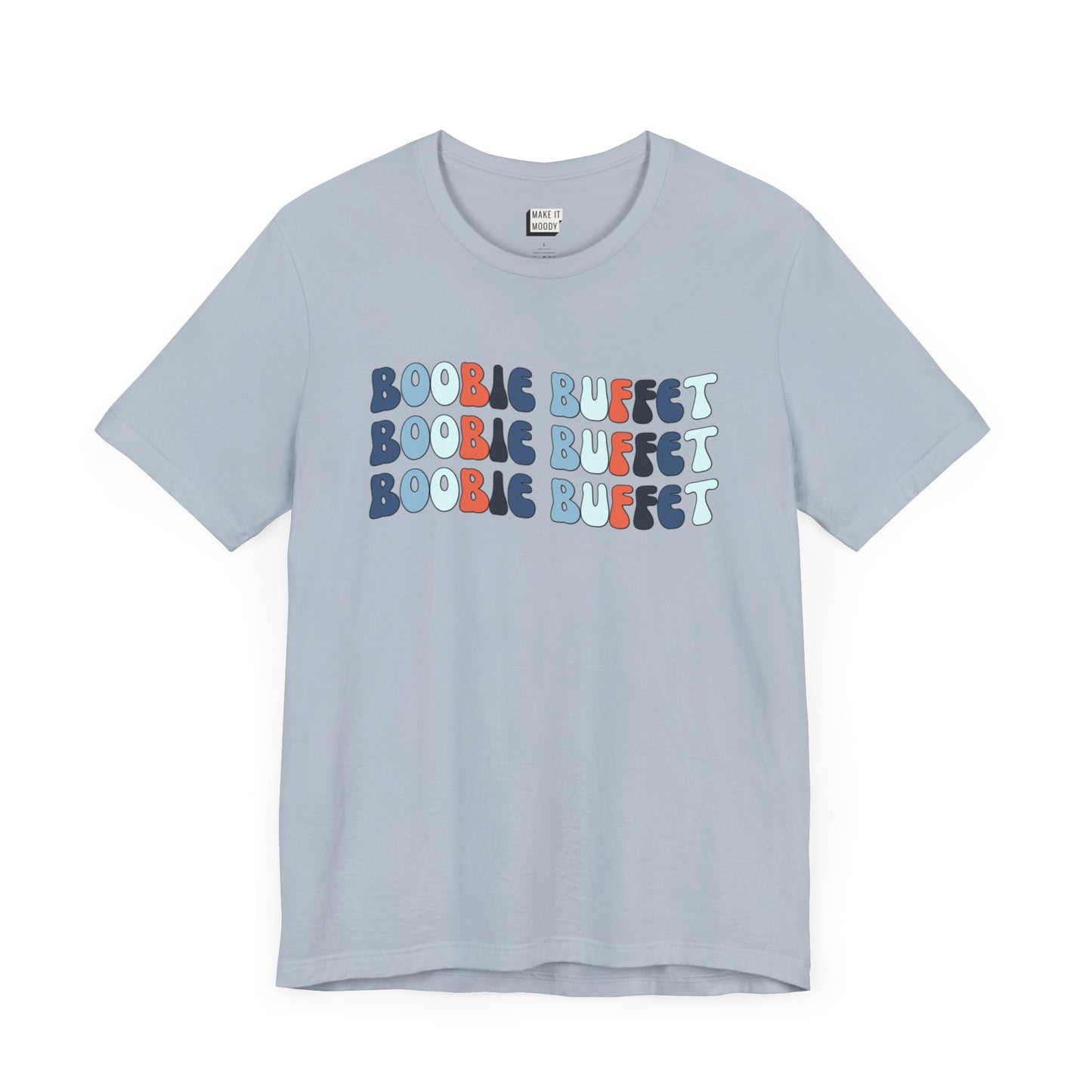 Light blue breastfeeding t-shirt with the words BOOBIE BUFFET stacked three times in multicolor retro font.