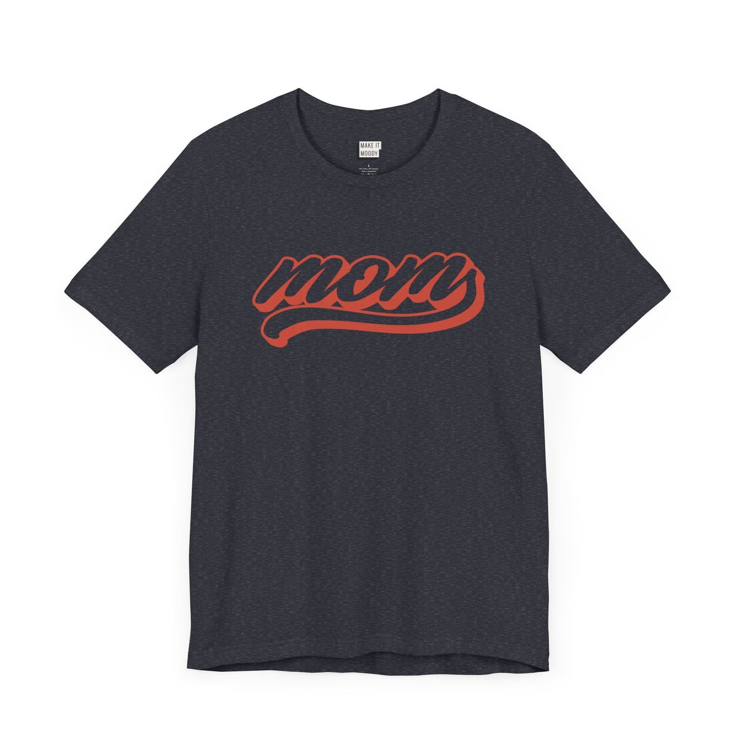 Heather navy baseball style mom t-shirt with the word MOM written in red cursive text.