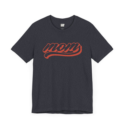 Heather navy baseball style mom t-shirt with the word MOM written in red cursive text.