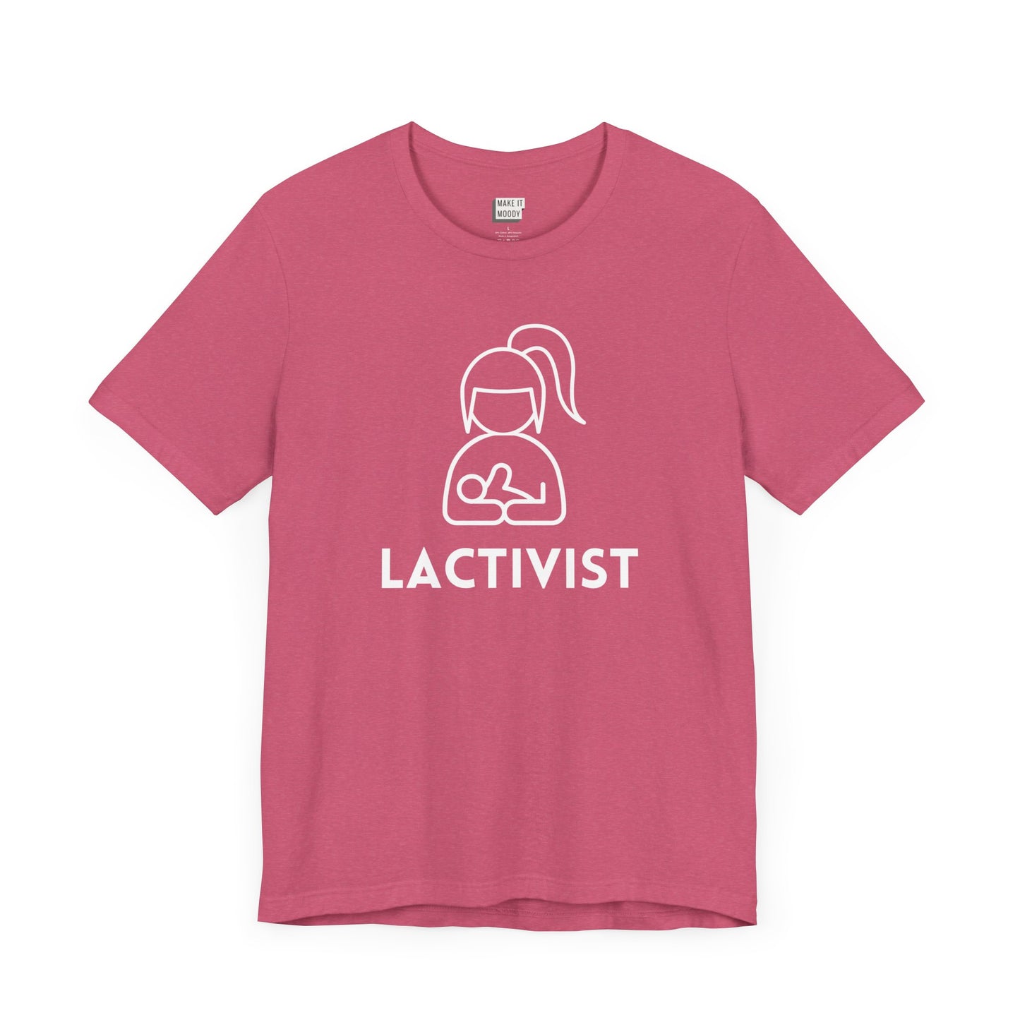 Pink breastfeeding t-shirt that says LACTIVIST with a minimalistic graphic of a mother nursing a baby.