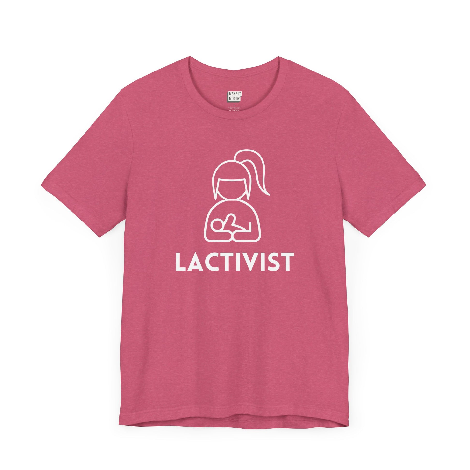 Pink breastfeeding t-shirt that says LACTIVIST with a minimalistic graphic of a mother nursing a baby.