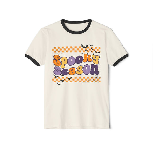 Natural/black "Spooky Season" Unisex Cotton Ringer Halloween T-Shirt, featuring orange and purple "Spooky Season" text with a bats graphic on a checkerboard pattern background.