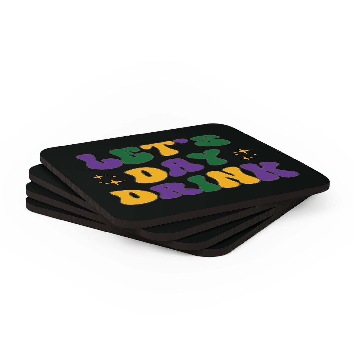 "Let's Day Drink" Mardi Gras Corkwood Coaster Set