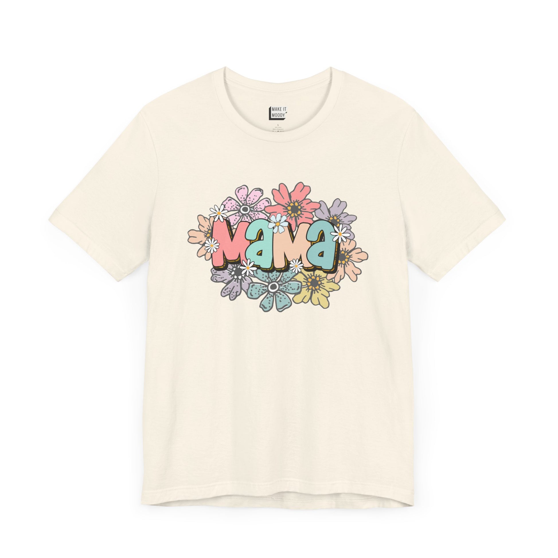 Off-white mom t-shirt adorned with the word Mama in colorful letters, surrounded by pastel flowers.