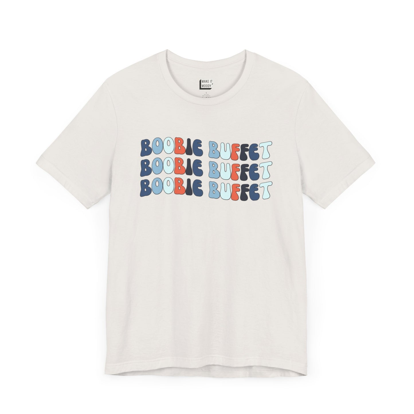 Vintage white breastfeeding t-shirt with the words BOOBIE BUFFET stacked three times in multicolor retro font.