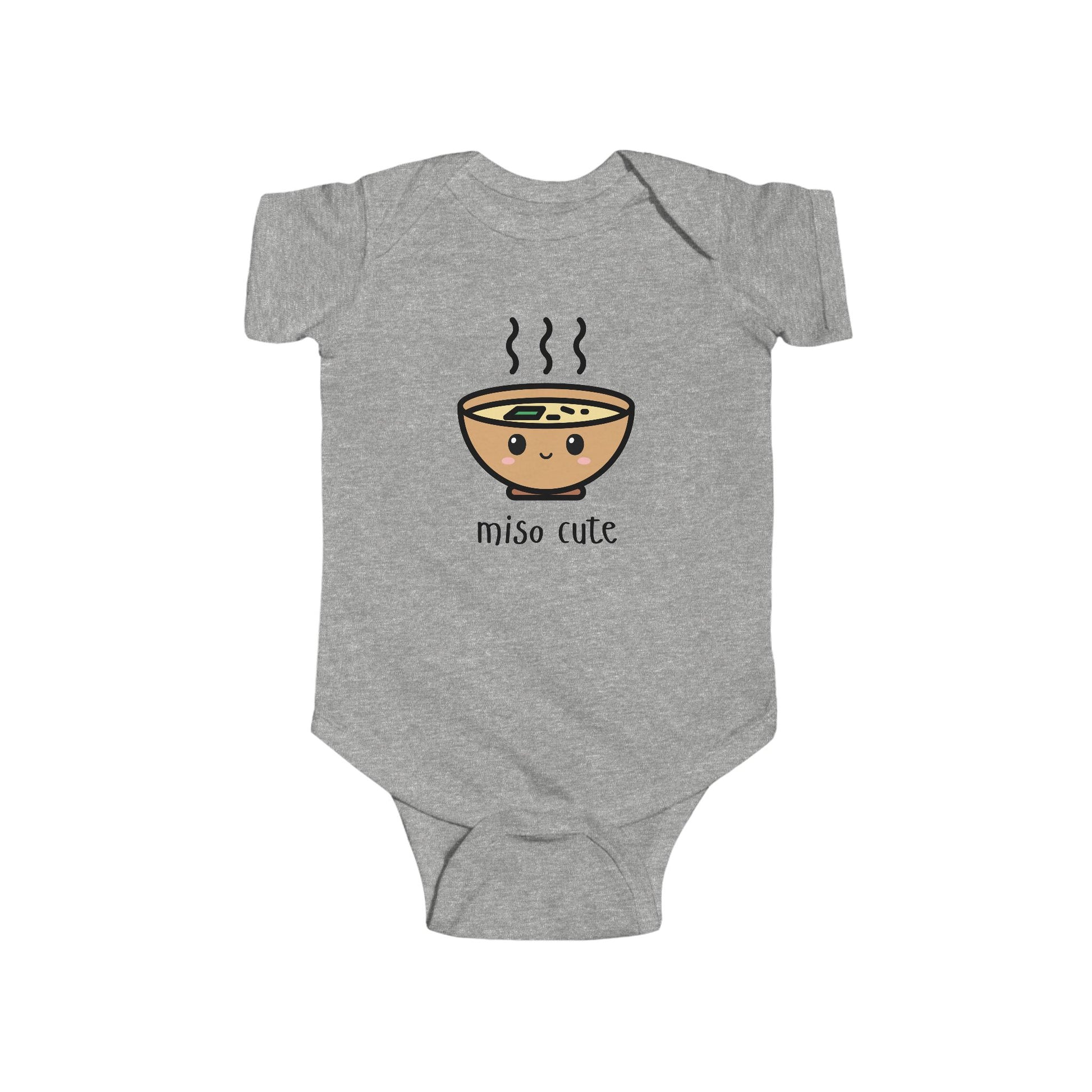 Heather grey infant bodysuit that says MISO CUTE with a kawaii illustration of a bowl of miso soup.