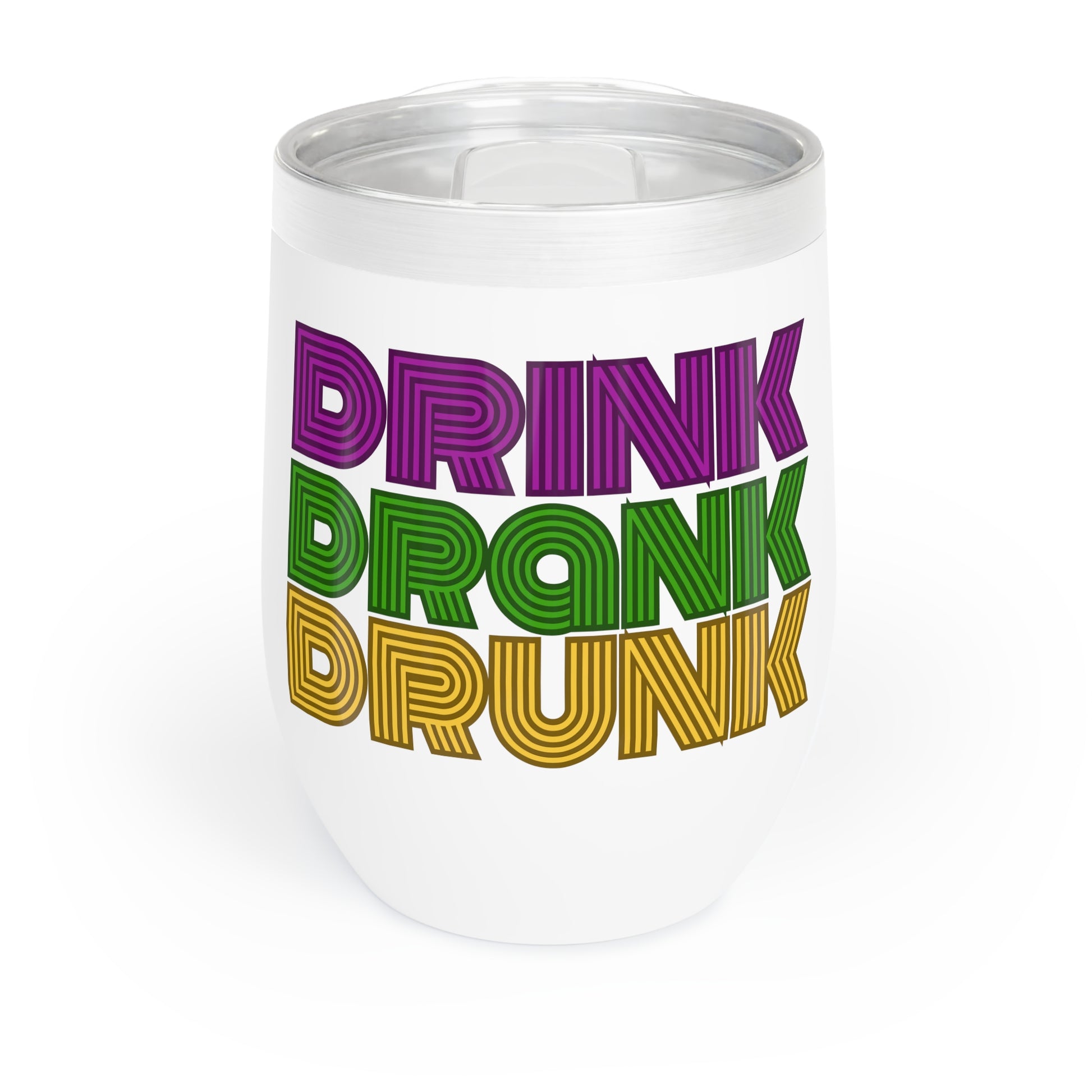 mardi gras themed wine tumbler that says "drink drank drunk"