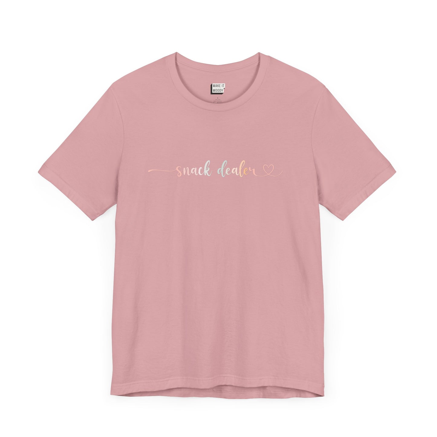 Orchid pink funny shirt for moms in grey with the words, "Snack Dealer" on the front in script font.