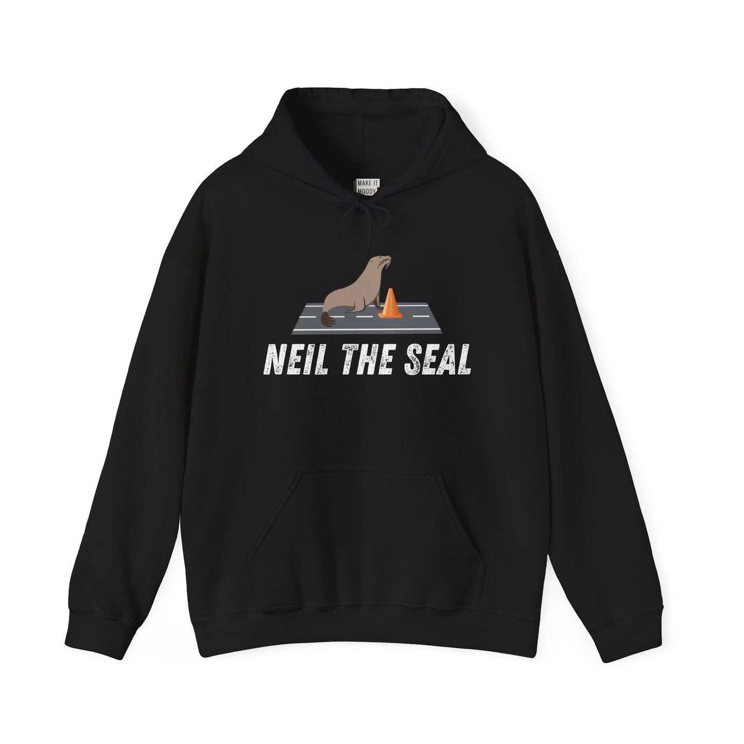 Black hooded sweatshirt with the words NEIL THE SEAL, and a graphic of a seal sitting in the middle of a road with an orange traffic cone. 