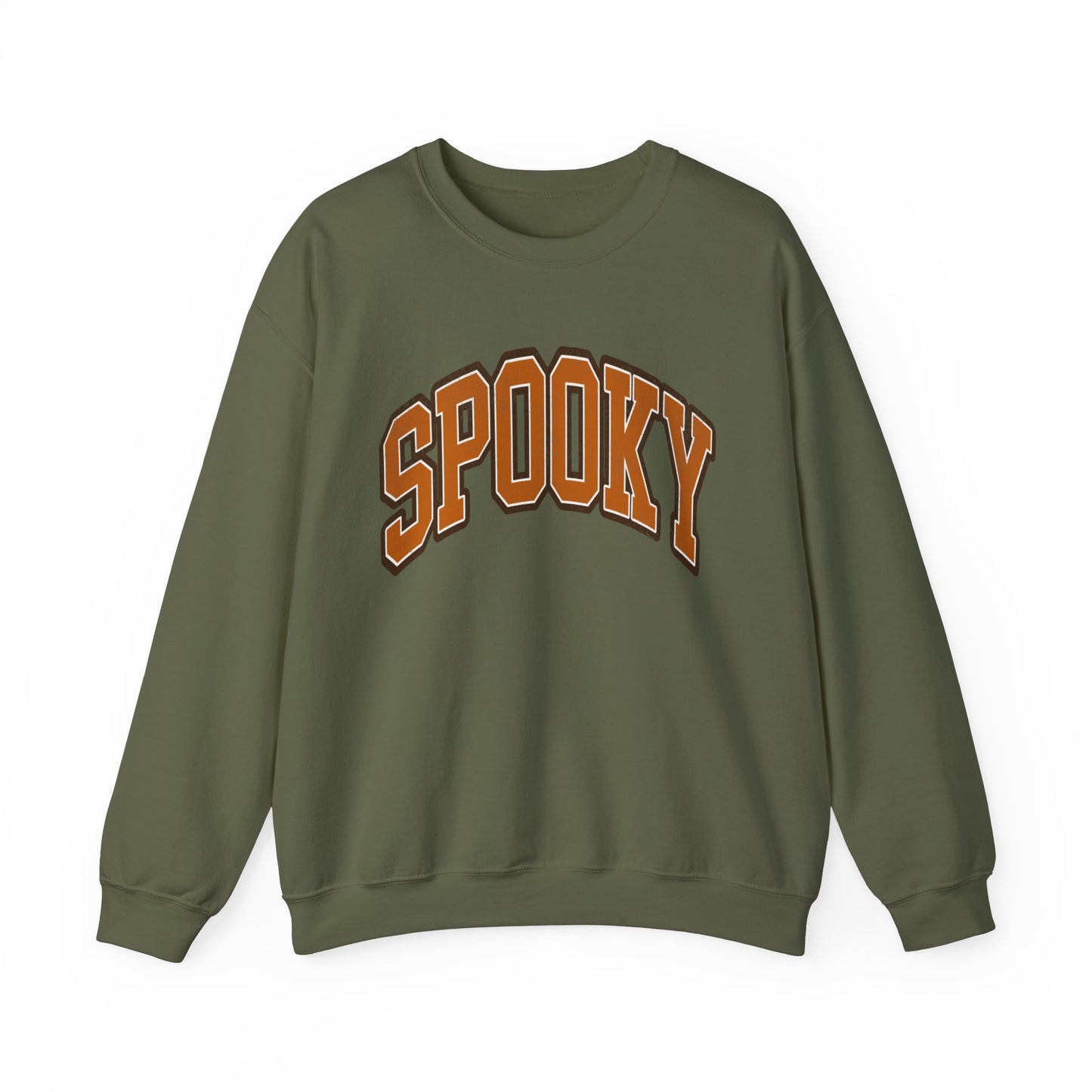 Military green colored Halloween crewneck sweatshirt featuring the word SPOOKY in arched, bold orange and black letters on the front.