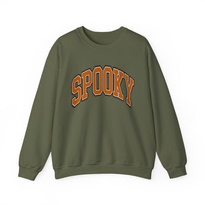 Military green colored Halloween crewneck sweatshirt featuring the word SPOOKY in arched, bold orange and black letters on the front.