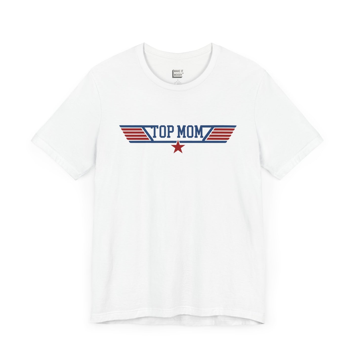 Aviation mom t-shirt in white, featuring red, white, and blue text that says Top Mom with aviation style star graphic.