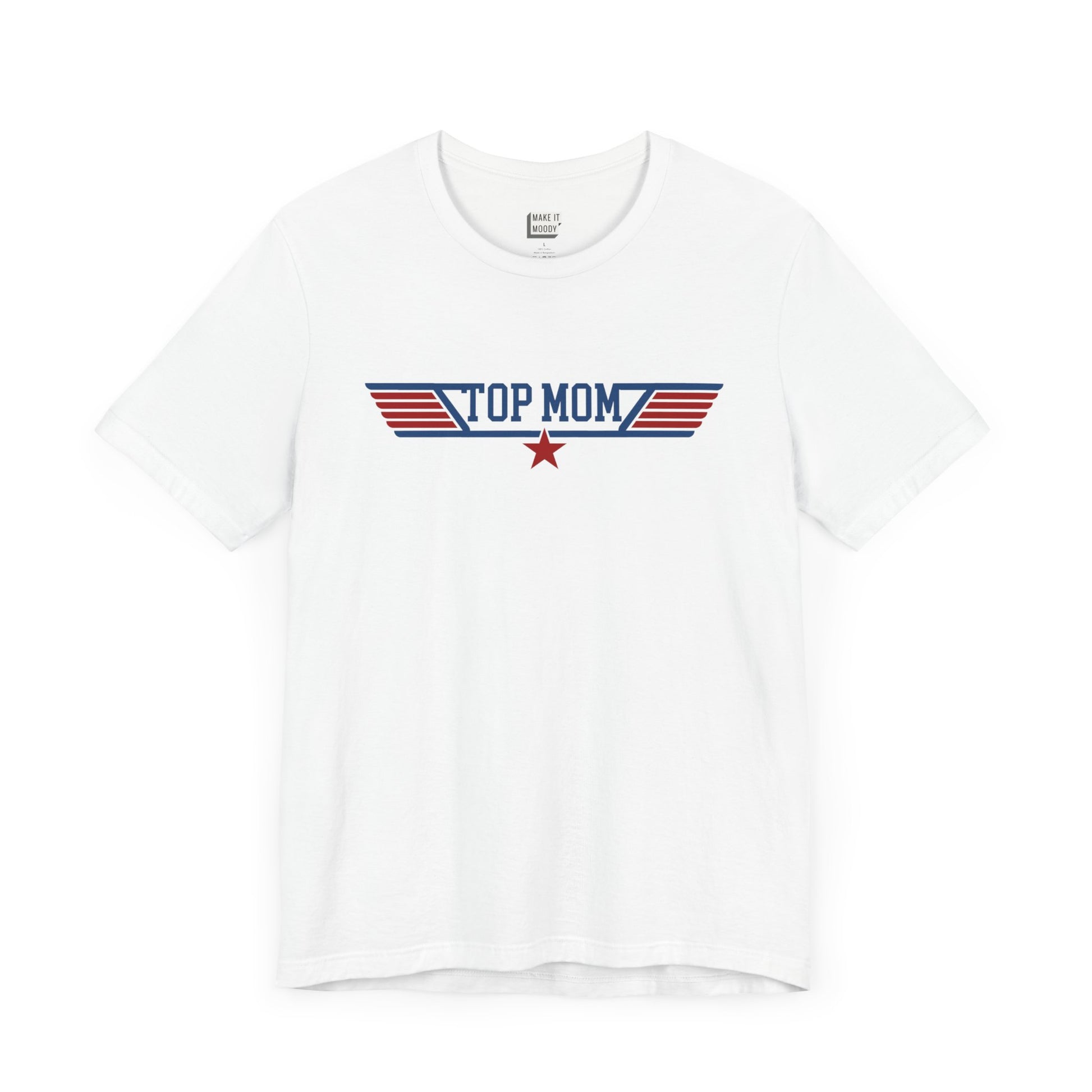 Aviation mom t-shirt in white, featuring red, white, and blue text that says Top Mom with aviation style star graphic.