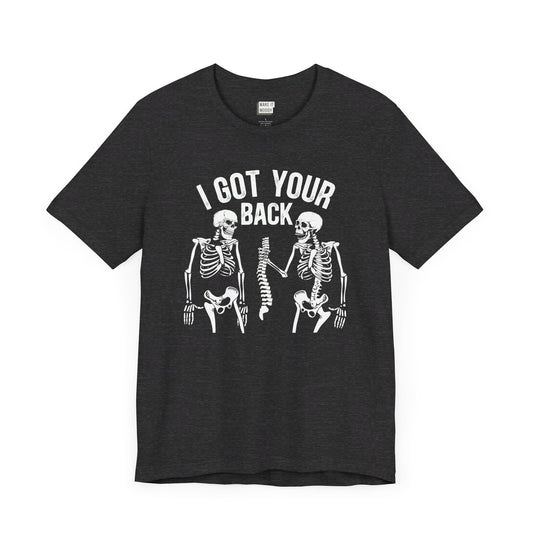 funny halloween t-shirt with two skeletons with the lettering I got your back