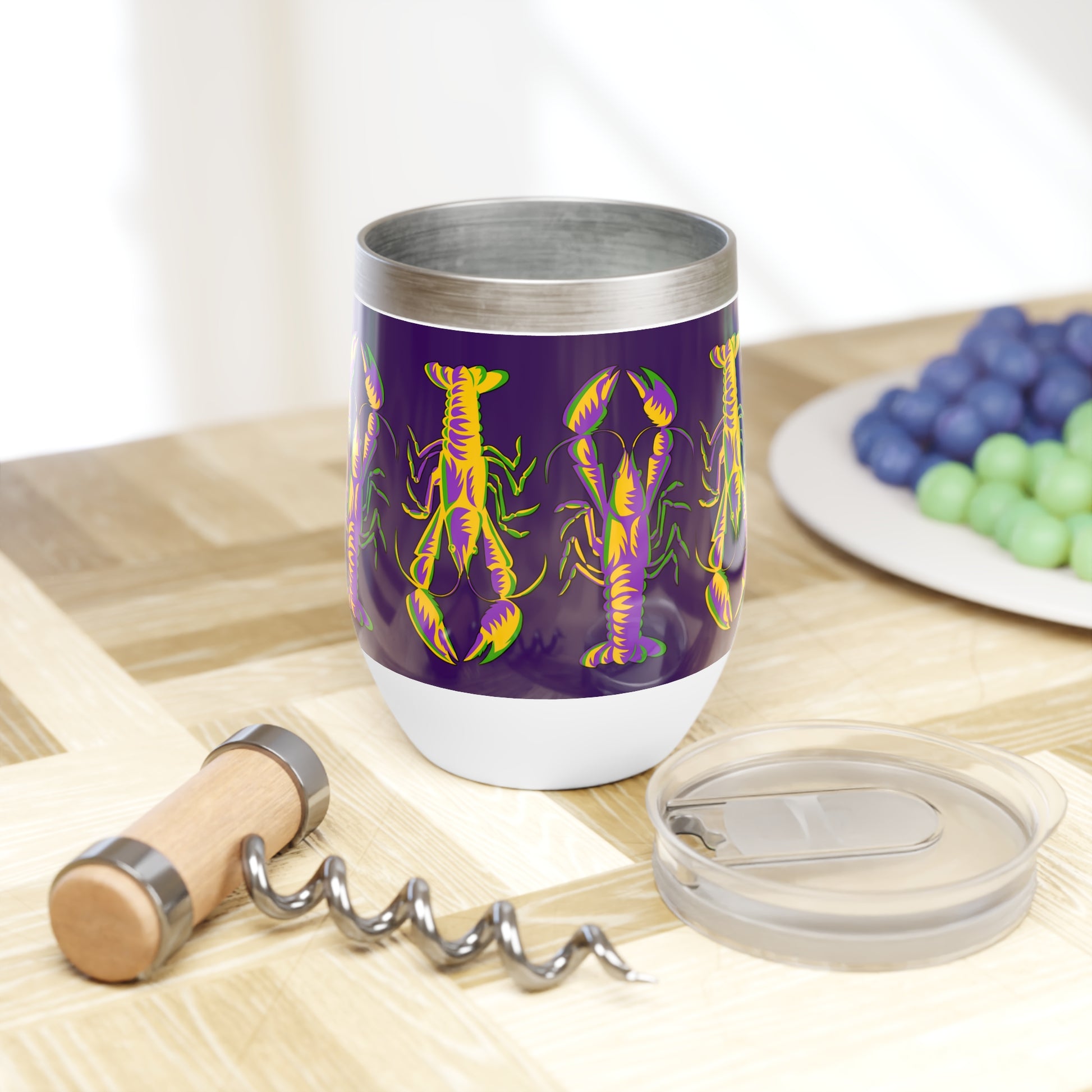 mardi gras themed wine tumbler with crawfish print