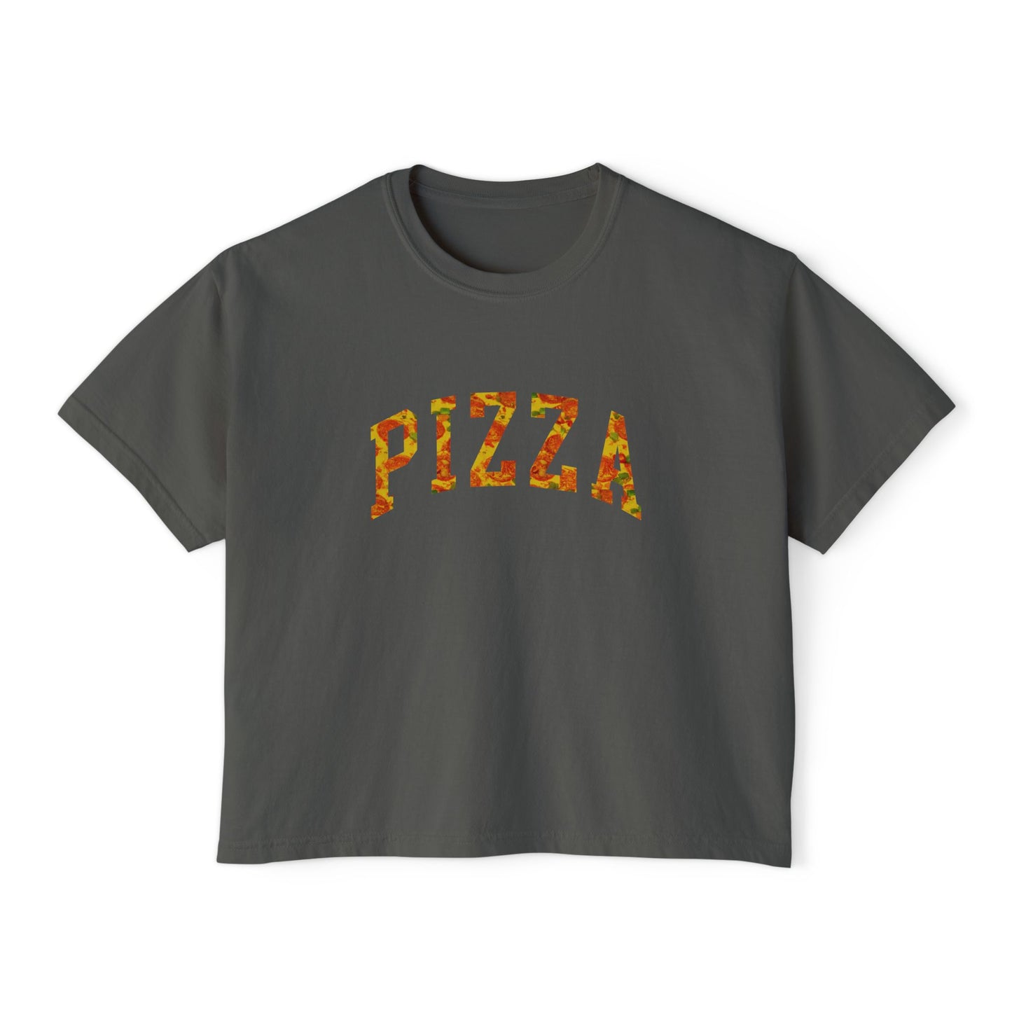 boxy women's tshirt that says pizza on the front in block letters