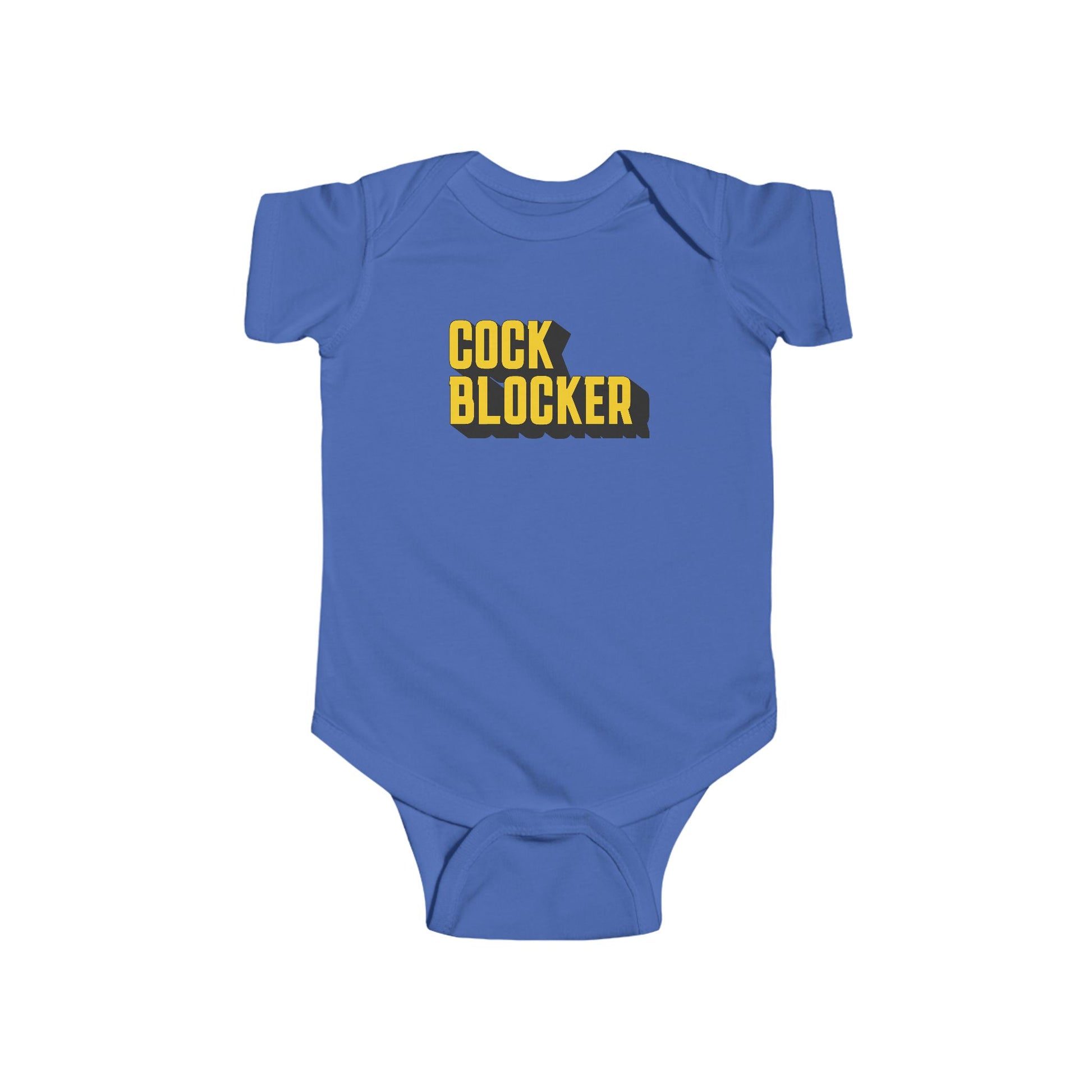 Royal blue bodysuit for babies that says COCK BLOCKER in yellow block letters on the front. The design is made to look similar to the blue and yellow Blockbuster logo.