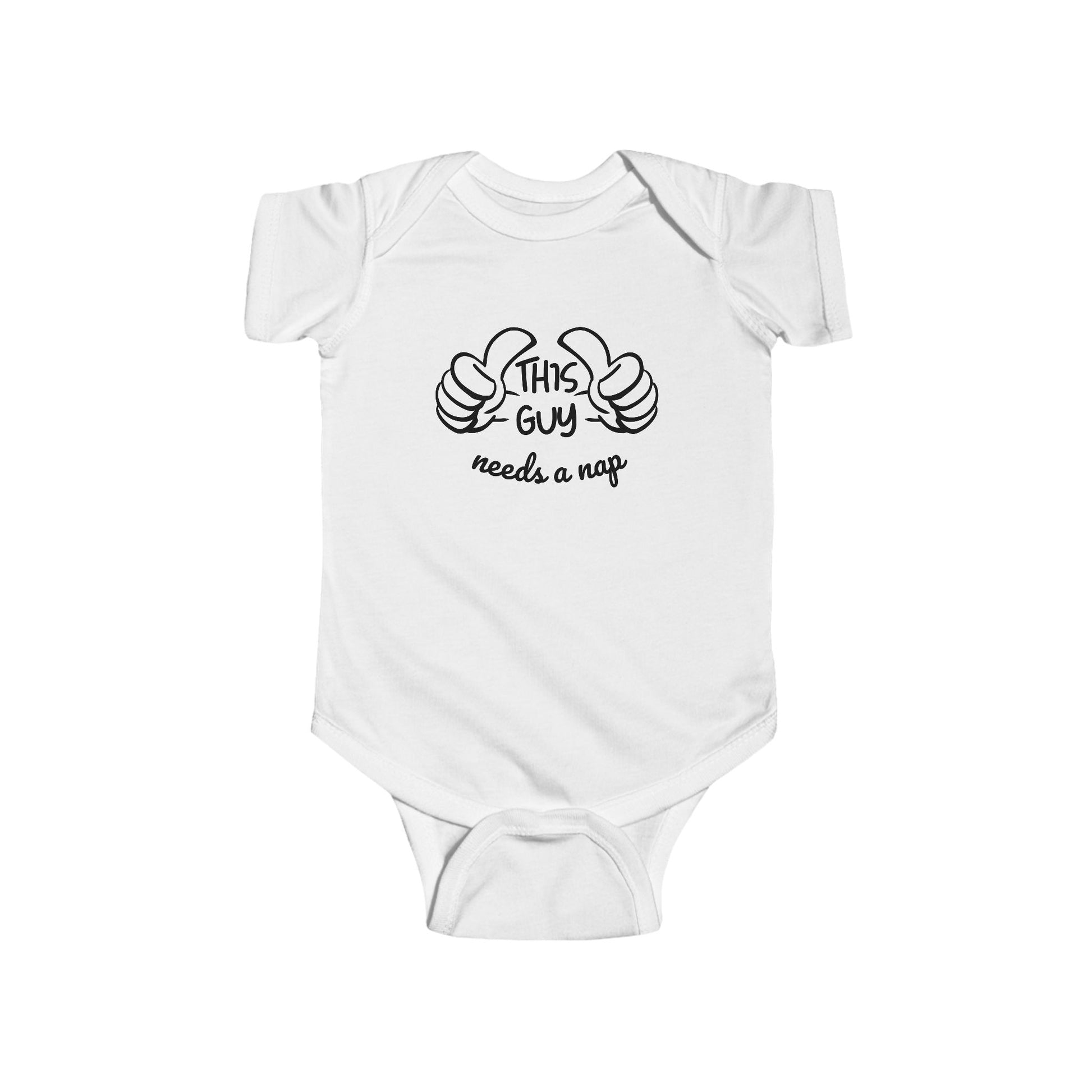 White infant bodysuit that says THIS GUY NEEDS A NAP in black font with a graphic of 2 thumbs pointing to the wearer of the bodysuit.