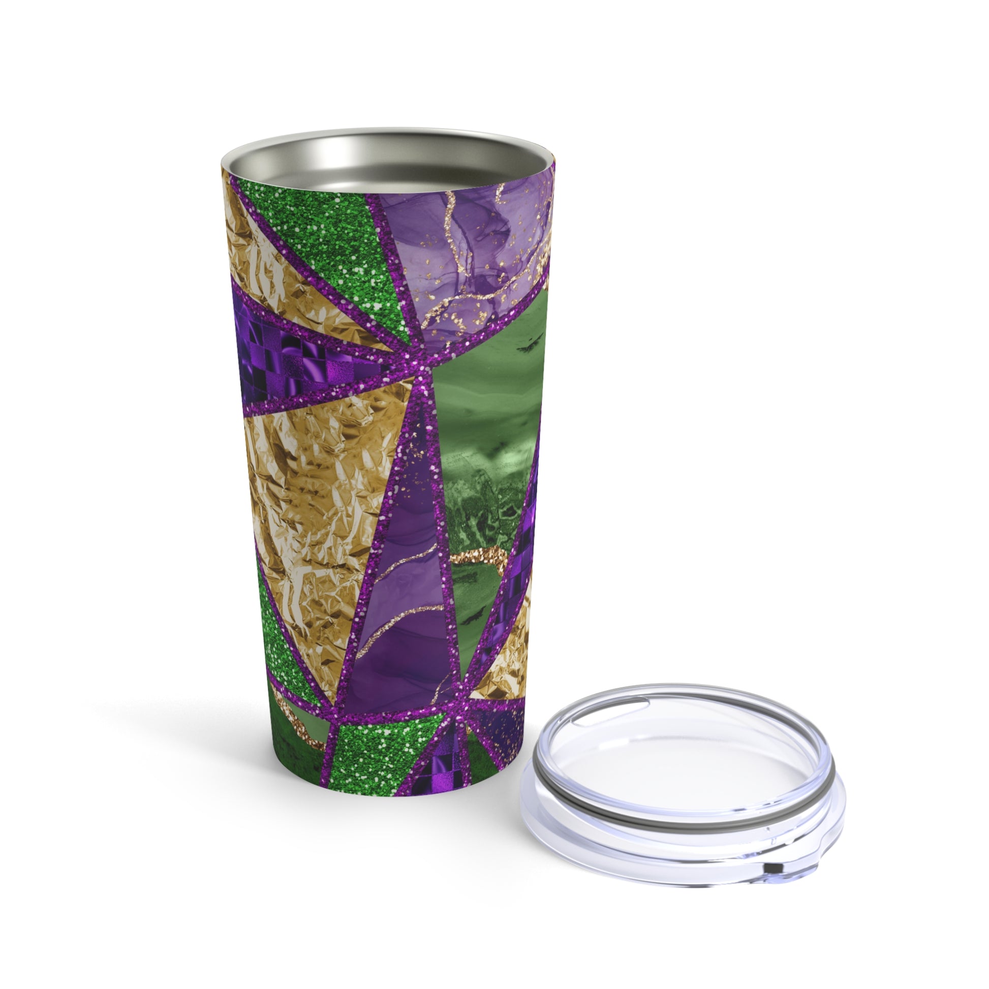 geometric print mardi gras themed wine tumbler