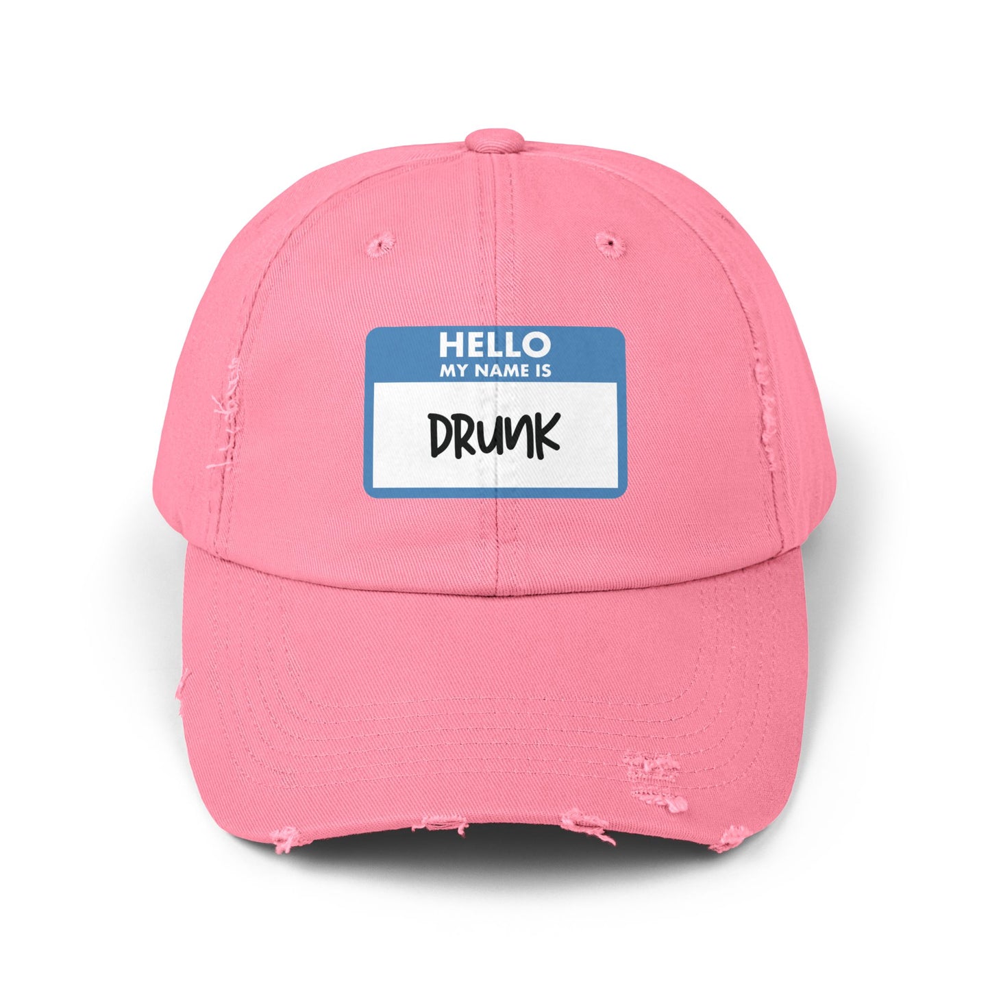 Drinking hat in pink that says HELLO MY NAME IS DRUNK on the front. The design is made to look like a sticker name tag that you write your name on and wear at events or parties.