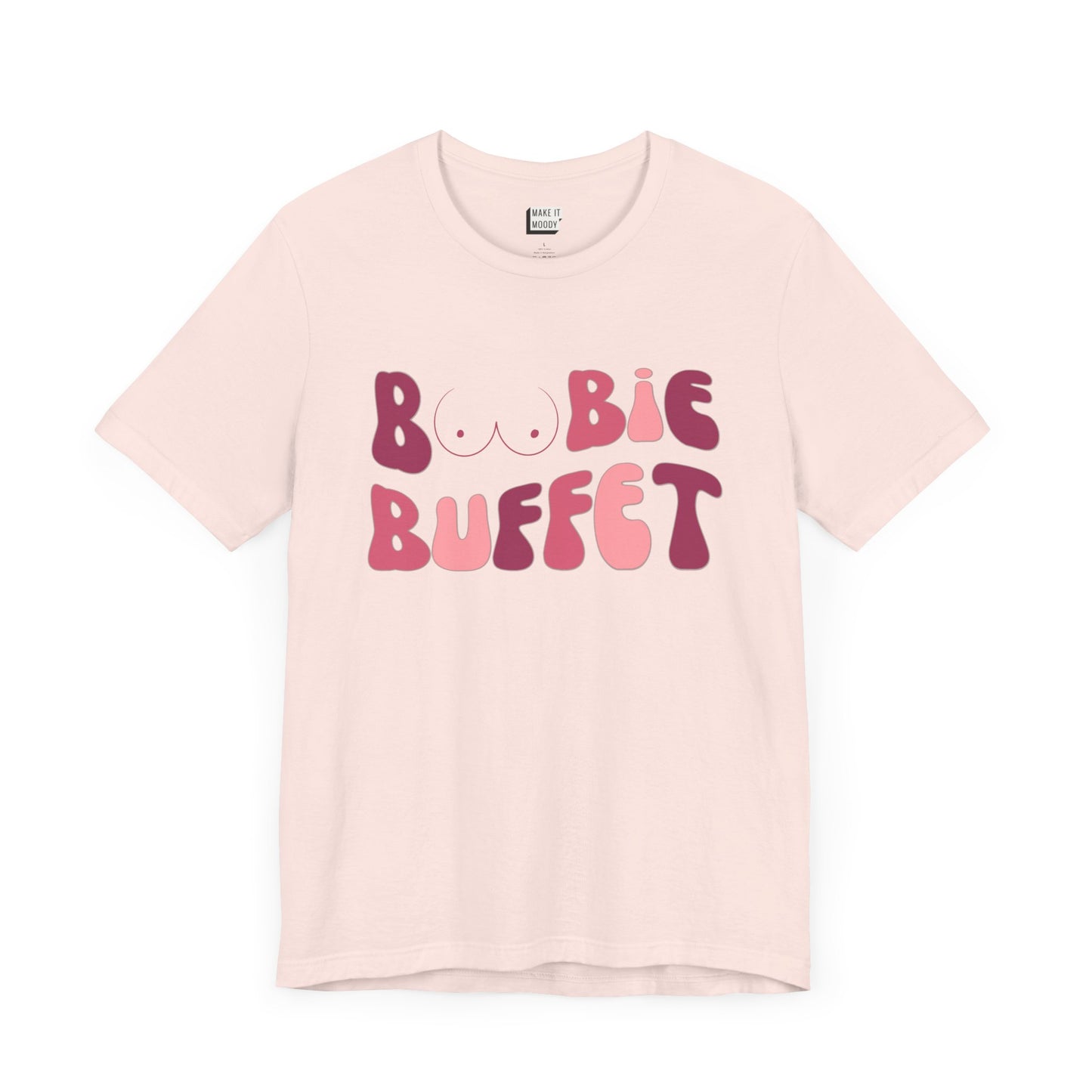 soft pink breastfeeding t-shirt with the words BOOBIE BUFFET printed on the front in pink retro font with a minimalistic breast graphic in place of the double O in the word BOOBIE.

