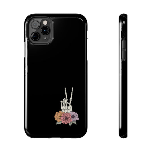 halloween themed phone case with a skeleton peace sign