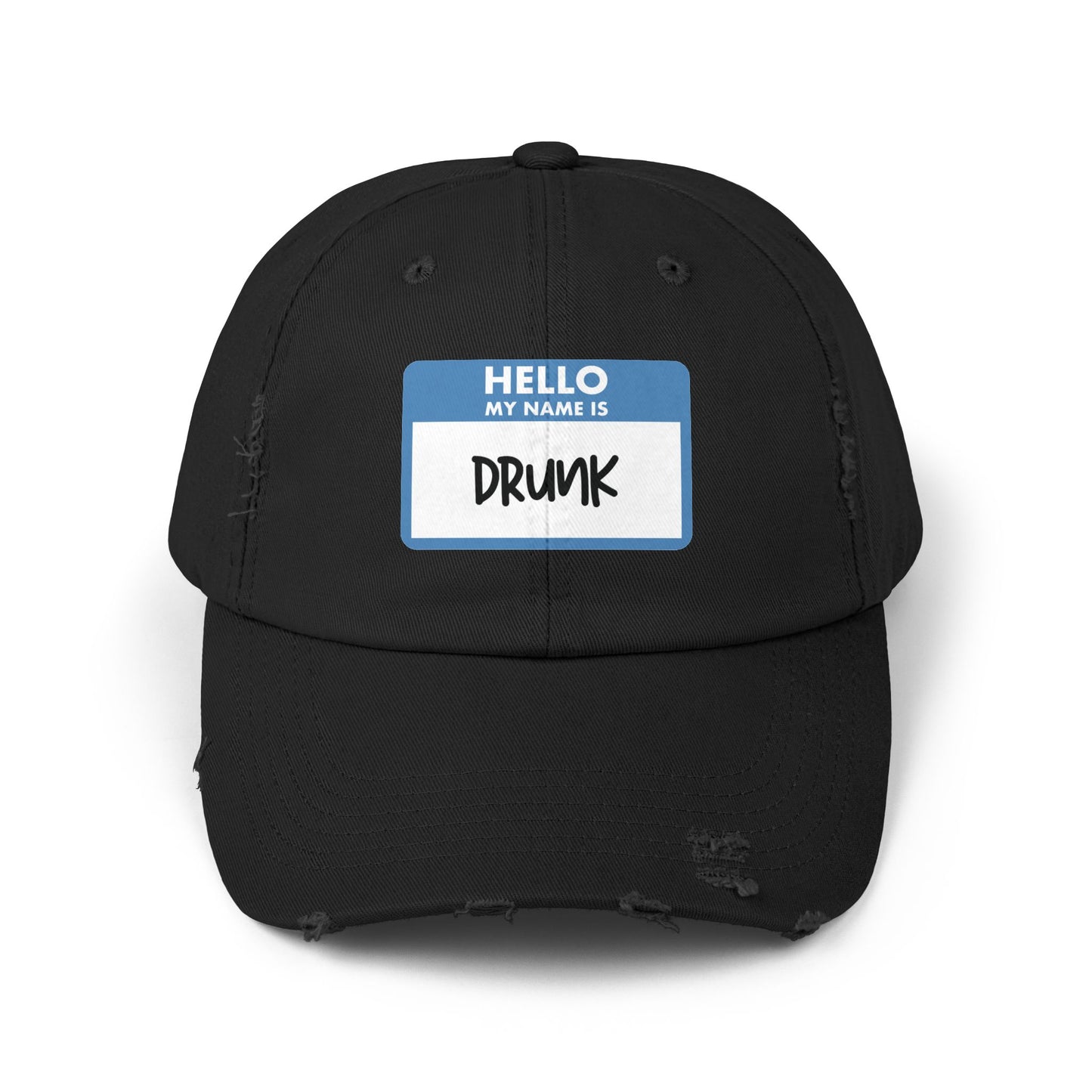 Drinking hat in black that says HELLO MY NAME IS DRUNK on the front. The design is made to look like a sticker name tag that you write your name on and wear at events or parties.