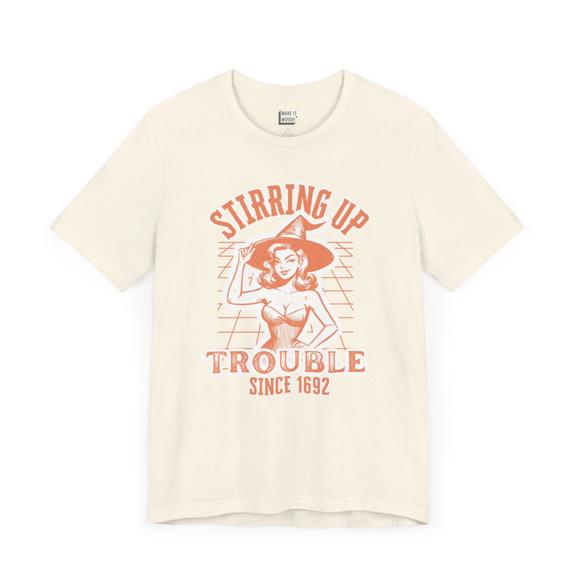 vintage style halloween witch t-shirt that says stirring up trouble since 1692 