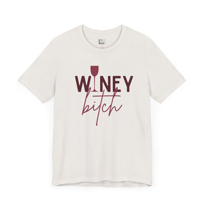 vintage white colored drinking t-shirt that says WINEY BITCH on the front. There is a graphic of a wine glass in place of the I in the word winey.