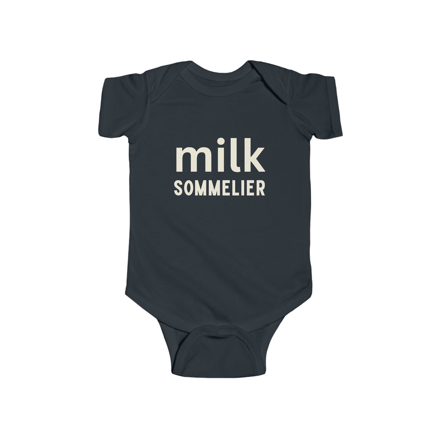 baby bodysuit that says MILK SOMMELIER on the front