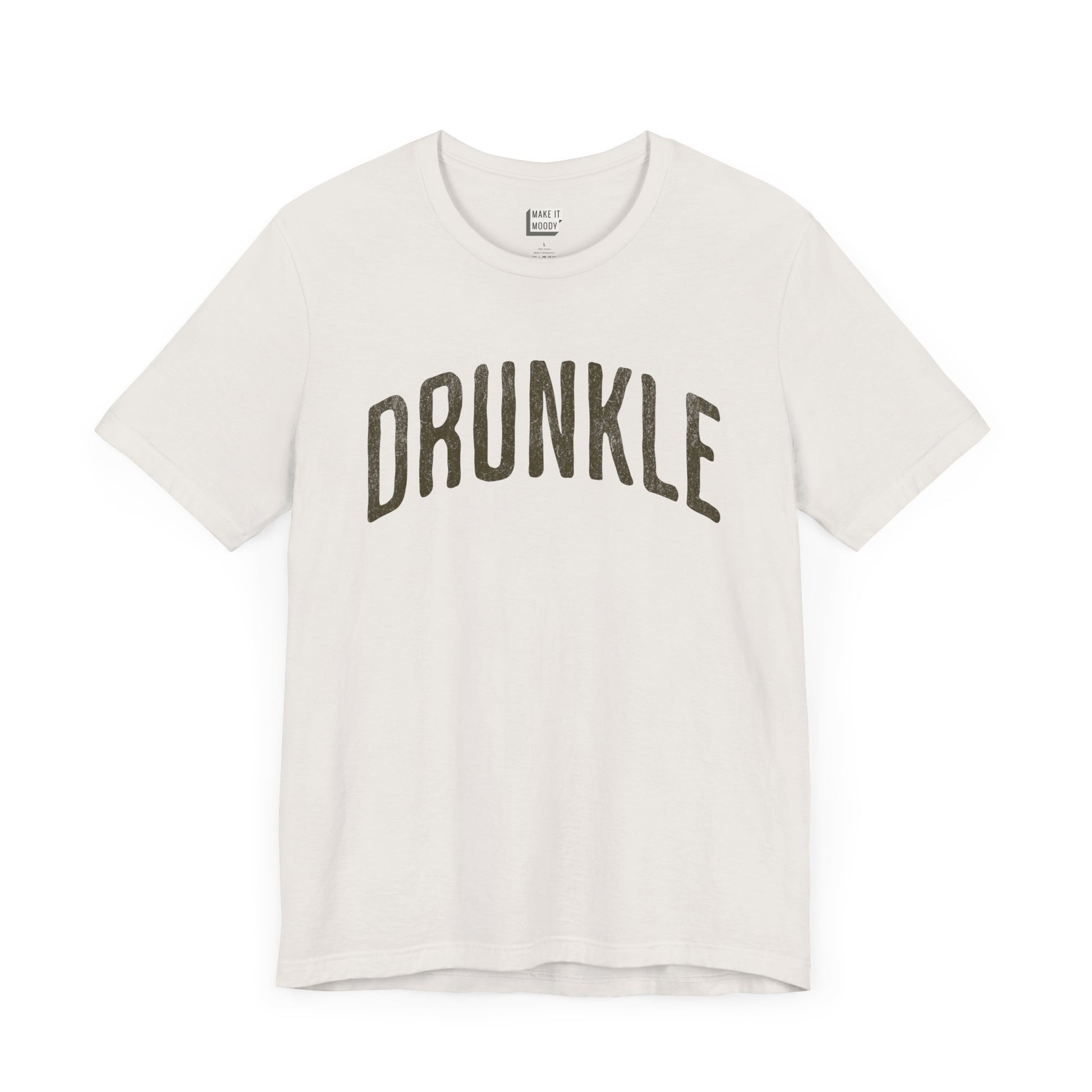 vintage white funny drinking t-shirt that says DRUNKLE in bold arched font on the front