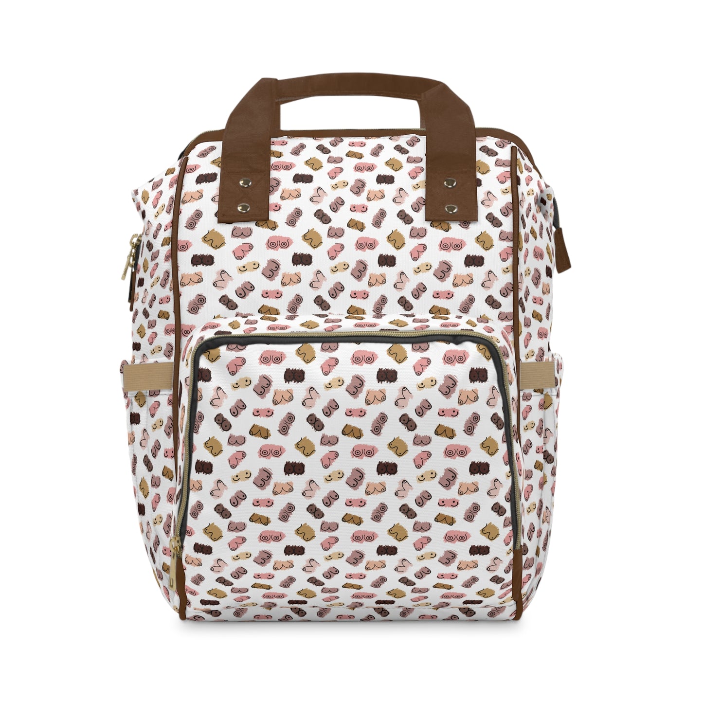 The Boobie Print Diaper Bag Backpack for Breastfeeding Moms features a playful multicolored cupcake pattern on a white background, complemented by brown handles and multiple compartments.