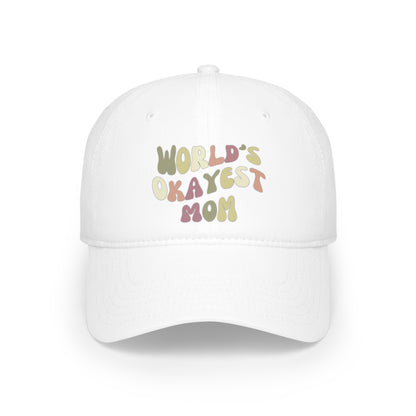 White "World's Okayest Mom" Hat with playful, colorful font on the front.