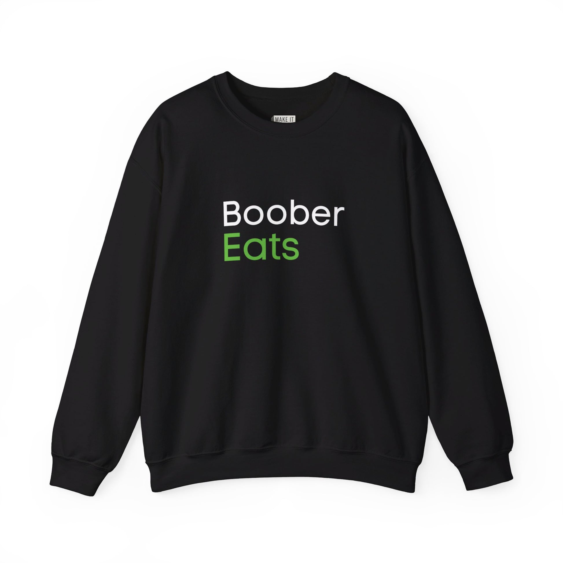 funny breastfeeding sweatshirt in black that says Boober Eats, designed to look similar to the Uber Eats logo