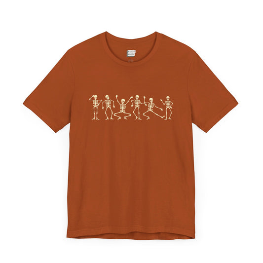 orange halloween tshirt with dancing skeletons on the front