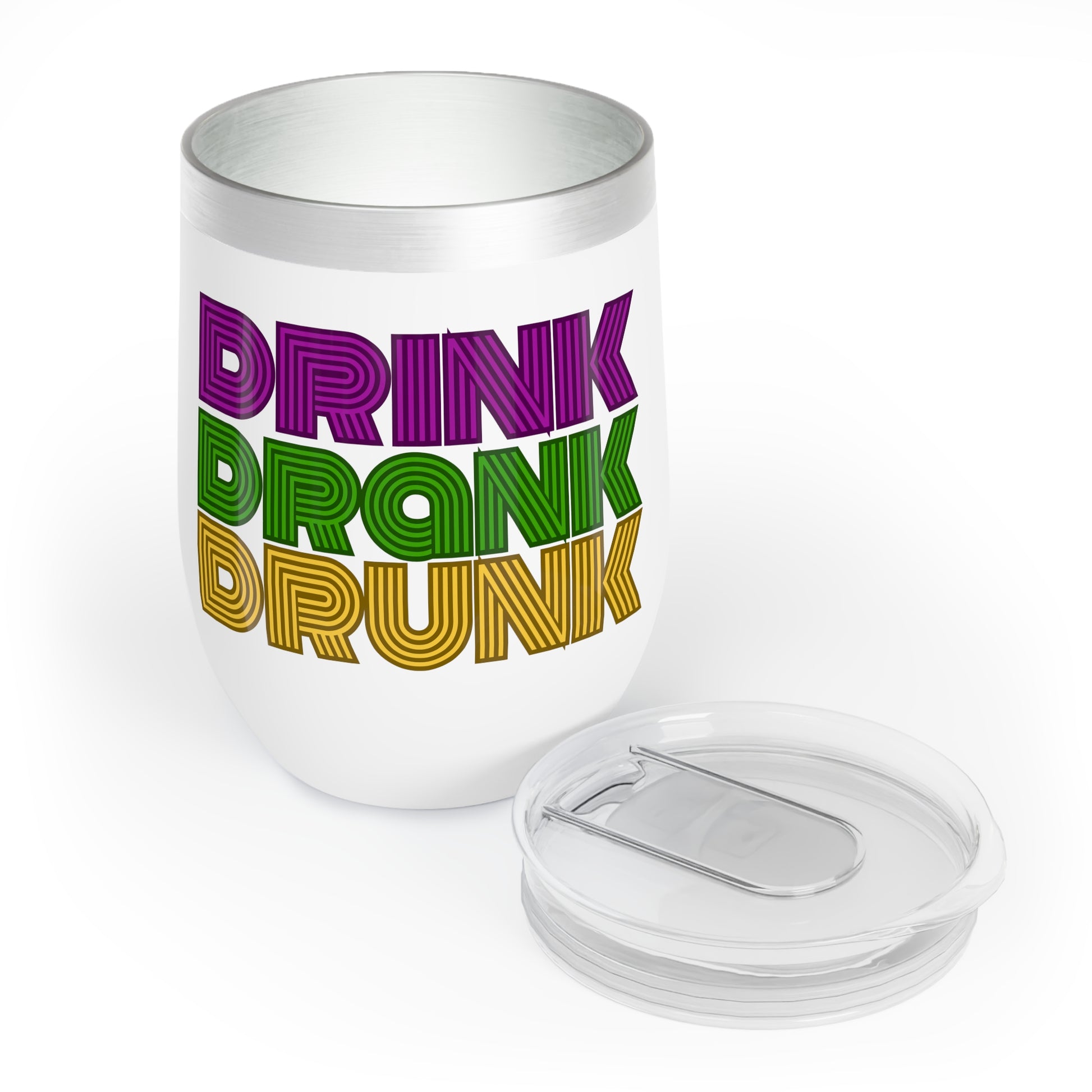 mardi gras themed wine tumbler that says "drink drank drunk"