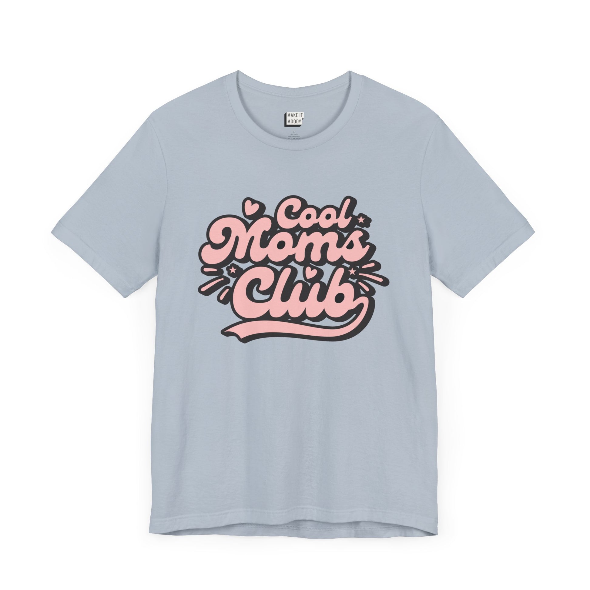 Light blue mom t-shirt that says cool moms club in pink and black retro font.