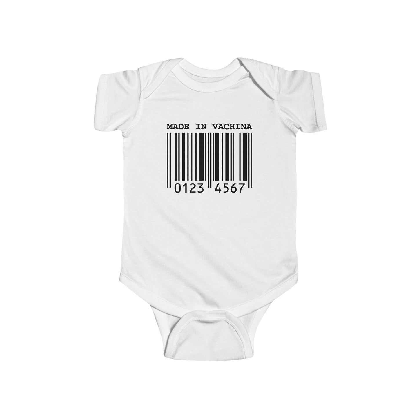 White infant bodysuit that says MADE IN VACHINA with a graphic of a barcode