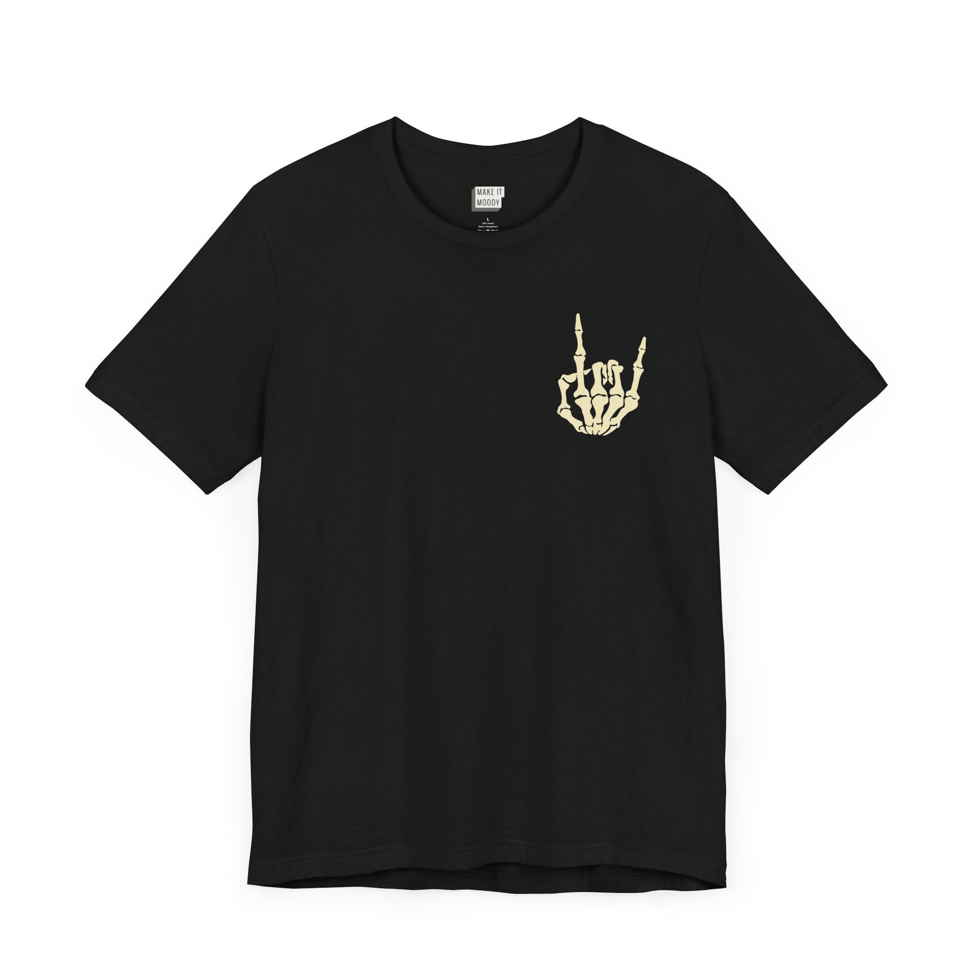 black halloween tshirt with a skeleton rocker hand at the left pocket